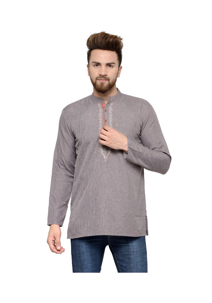 ARCHATTIRE Men’s Grey Cotton Kurta with Embroidered Neck - Image 1