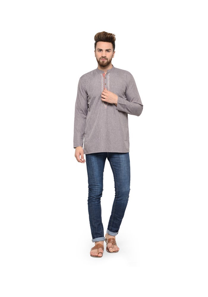 ARCHATTIRE Men’s Grey Cotton Kurta with Embroidered Neck - Image 5