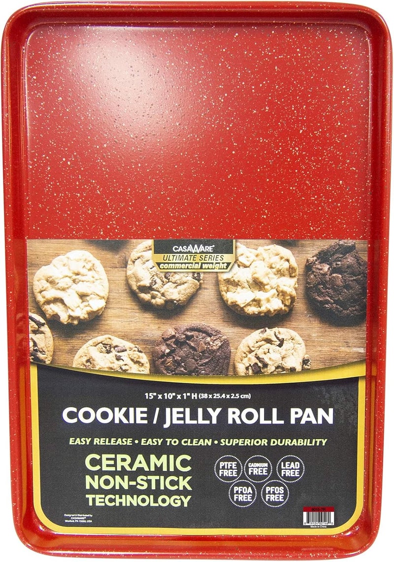 casaWare 15 x 10 x 1-Inch Ultimate Series Commercial Weight Ceramic Non-Stick Coating Cookie/Jelly Roll Pan (Red Granite) - Image 1