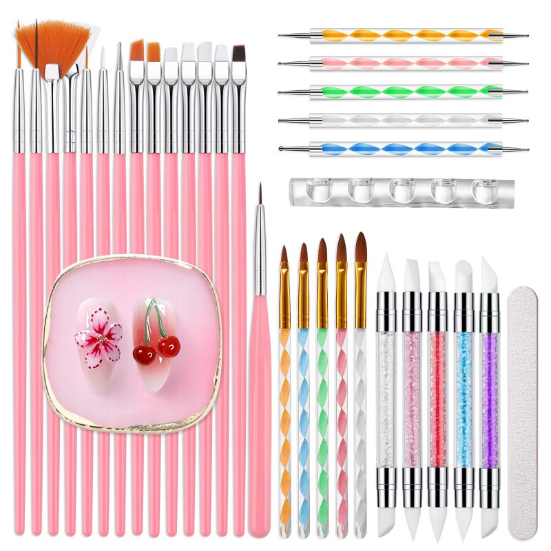 Rosiour Nail Art Brushes Set: Nail Art Tools with 15Pcs Nail Design Brushes, 5Pcs Dotting Tools, 5Pcs Silicone & Sculpting Brushes, Resin Palette, Brush Holder, Nail File for Painting Nails - Image 1