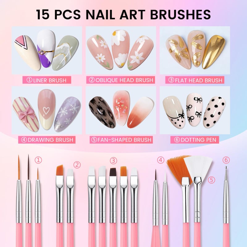 Rosiour Nail Art Brushes Set: Nail Art Tools with 15Pcs Nail Design Brushes, 5Pcs Dotting Tools, 5Pcs Silicone & Sculpting Brushes, Resin Palette, Brush Holder, Nail File for Painting Nails - Image 2