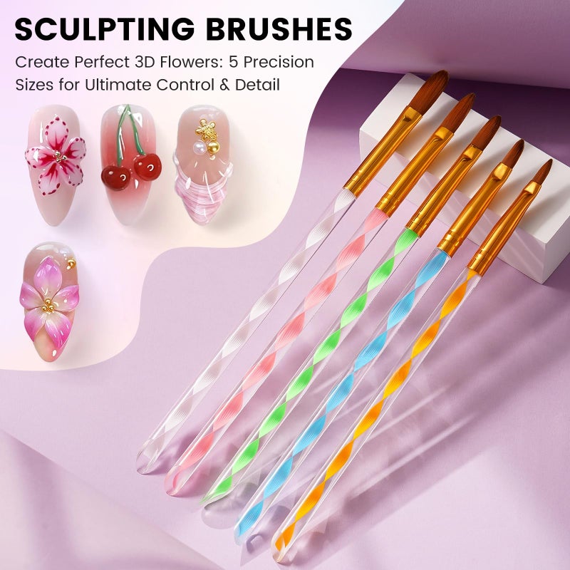 Rosiour Nail Art Brushes Set: Nail Art Tools with 15Pcs Nail Design Brushes, 5Pcs Dotting Tools, 5Pcs Silicone & Sculpting Brushes, Resin Palette, Brush Holder, Nail File for Painting Nails - Image 4