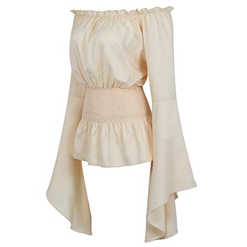 Kranchungel Womens Victorian Renaissance Blouse Gothic Long Sleeve Off Shoulder Shirt Medieval Pirate Costume Shirts Boho Tops Beige Large - Image 2
