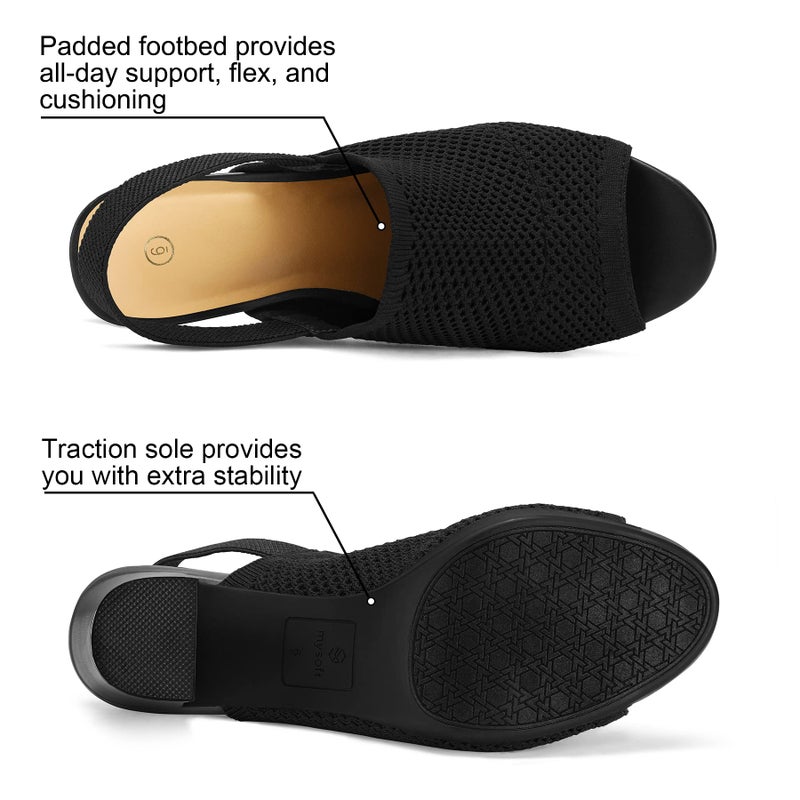 mysoft Women's Knit Chunky Block High Heels Elastic Slingback Open Toe 3 Inch Heeled Sandals,Black,9 US - Image 4