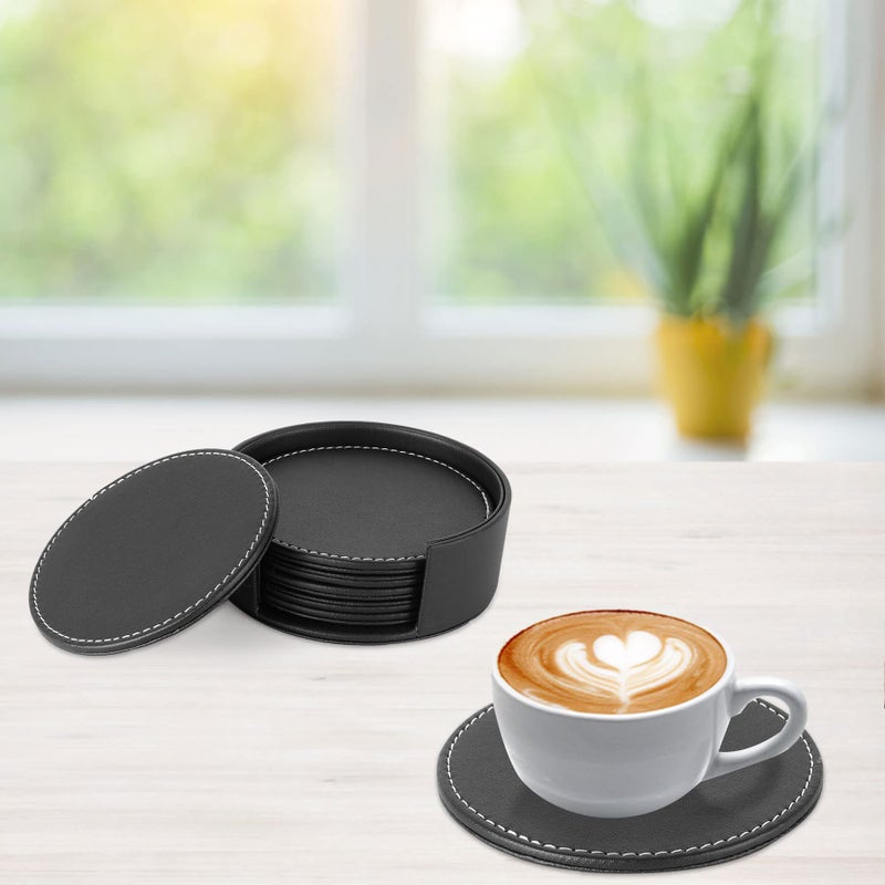 AUMISKY Set of 6 Leather Drink Coasters Round Cup Mat Pad for Home and Kitchen Use Black, 4" - Image 4
