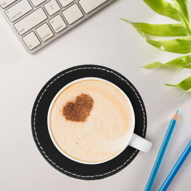 AUMISKY Set of 6 Leather Drink Coasters Round Cup Mat Pad for Home and Kitchen Use Black, 4" - Image 5
