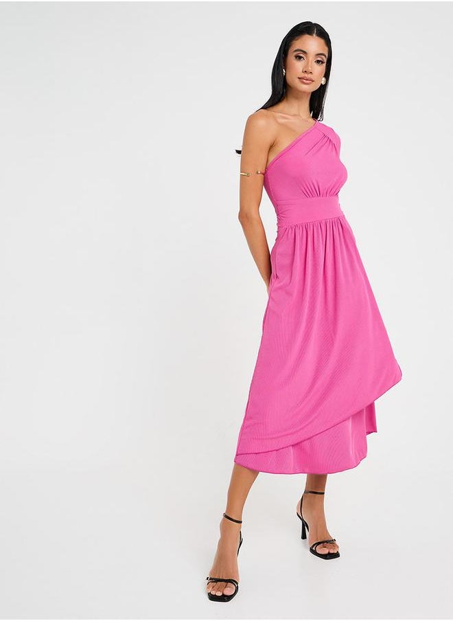 Styli - One Shoulder Neck Ribbed A-Line Midi Dress - Image 1