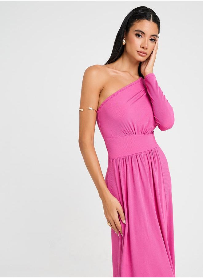 Styli - One Shoulder Neck Ribbed A-Line Midi Dress - Image 1