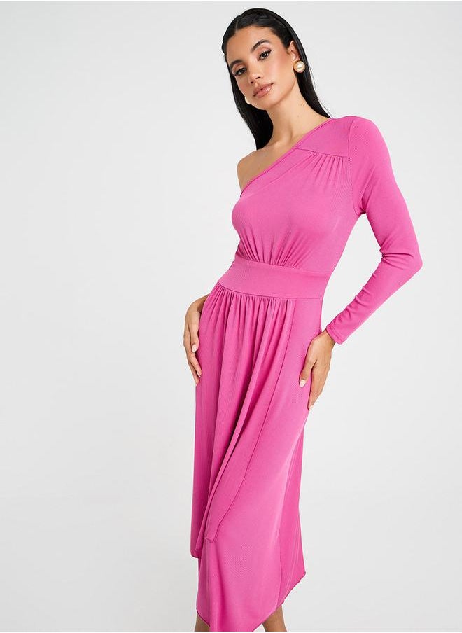 Styli - One Shoulder Neck Ribbed A-Line Midi Dress - Image 1