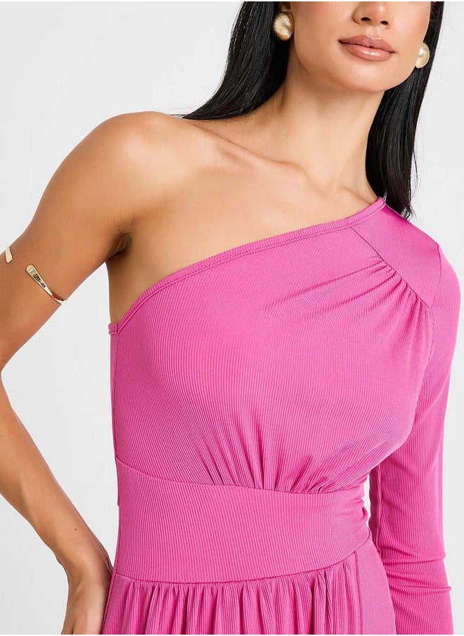 Styli - One Shoulder Neck Ribbed A-Line Midi Dress - Image 1