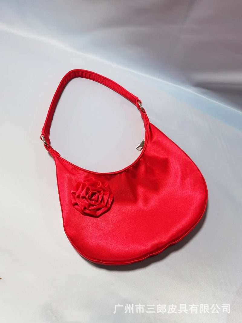 Niche Satin Rose Flower Tote Crescent Bag Shoulder Handbag Women'S Armpit Bag High-End Bridal Bag Women - Image 2
