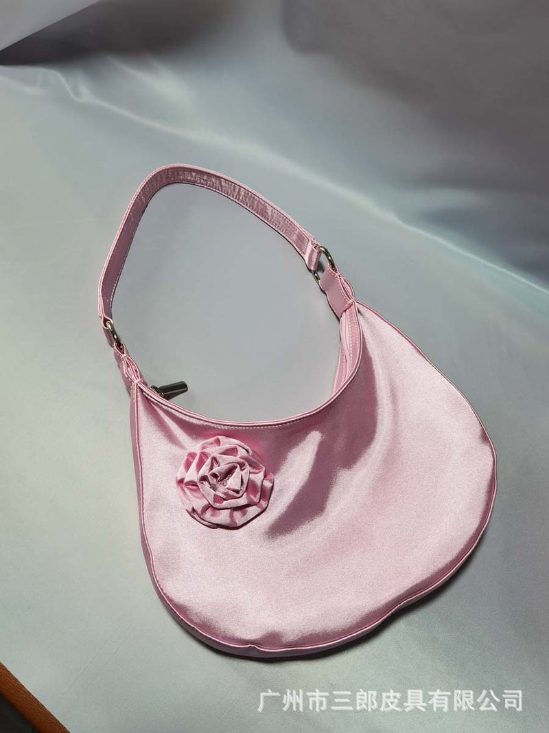 Niche Satin Rose Flower Tote Crescent Bag Shoulder Handbag Women'S Armpit Bag High-End Bridal Bag Women - Image 4