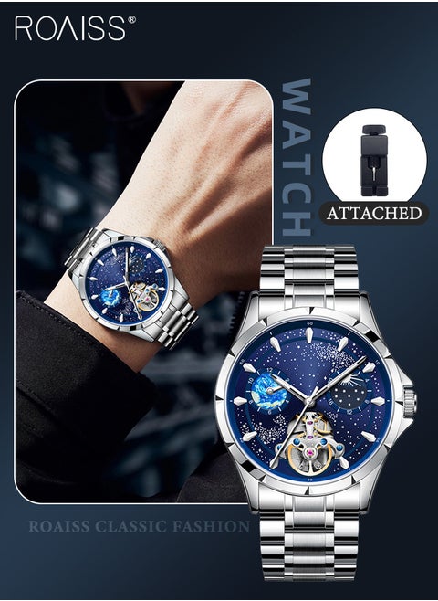 Men's Fully Automatic Mechanical Watch, Analog Display Blue Starry Sky Round Dial with Moon Phase, Waterproof Luminous Wristwatch as Gift for Men