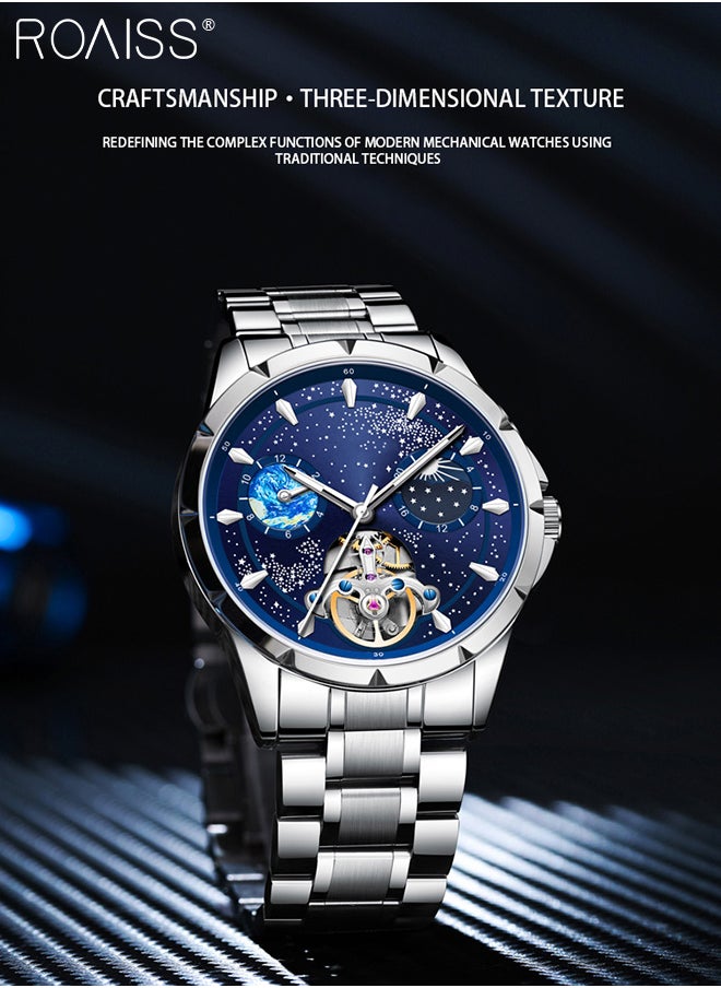 roaiss Men's Fully Automatic Mechanical Watch, Analog Display Blue Starry Sky Round Dial with Moon Phase, Waterproof Luminous Wristwatch as Gift for Men  - Image 3