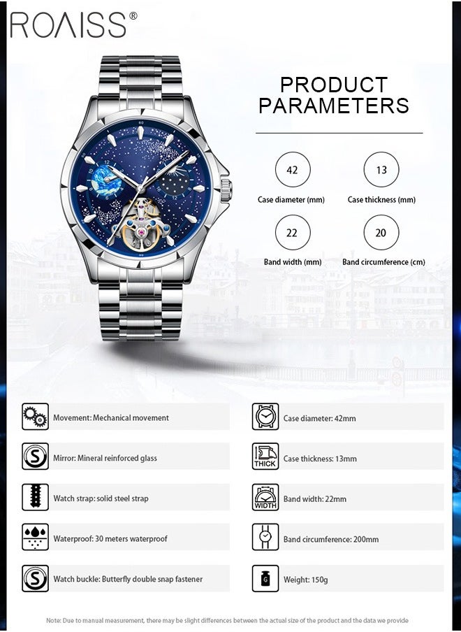 roaiss Men's Fully Automatic Mechanical Watch, Analog Display Blue Starry Sky Round Dial with Moon Phase, Waterproof Luminous Wristwatch as Gift for Men  - Image 4