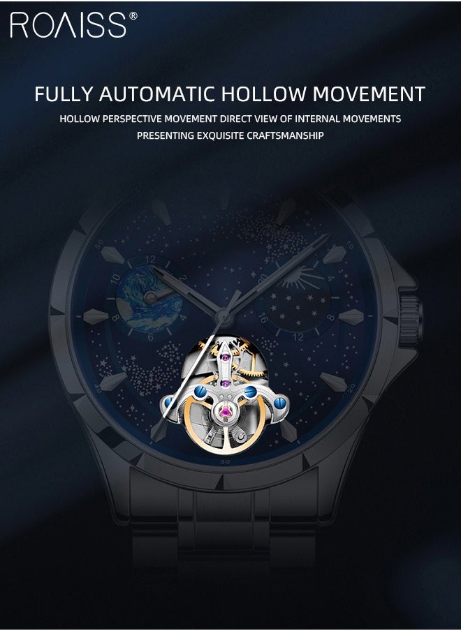 roaiss - Men's Fully Automatic Mechanical Watch, Analog Display Blue Starry Sky Round Dial with Moon Phase, Waterproof Luminous Wristwatch as Gift for Men - Image 1