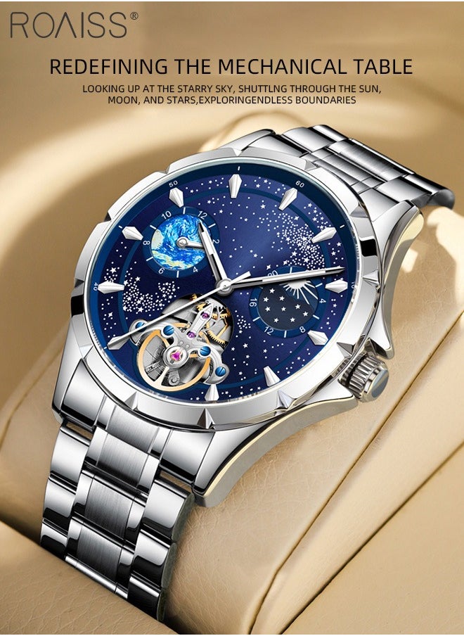 roaiss - Men's Fully Automatic Mechanical Watch, Analog Display Blue Starry Sky Round Dial with Moon Phase, Waterproof Luminous Wristwatch as Gift for Men - Image 1