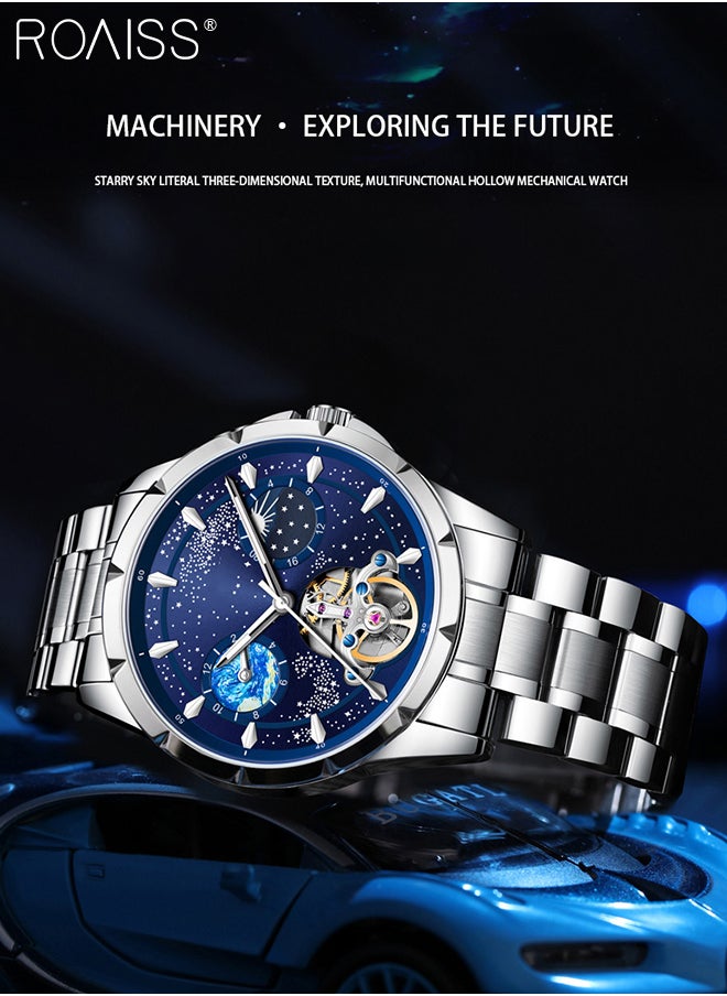 roaiss - Men's Fully Automatic Mechanical Watch, Analog Display Blue Starry Sky Round Dial with Moon Phase, Waterproof Luminous Wristwatch as Gift for Men - Image 1