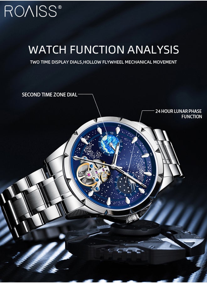 roaiss Men's Fully Automatic Mechanical Watch, Analog Display Blue Starry Sky Round Dial with Moon Phase, Waterproof Luminous Wristwatch as Gift for Men  - Image 5
