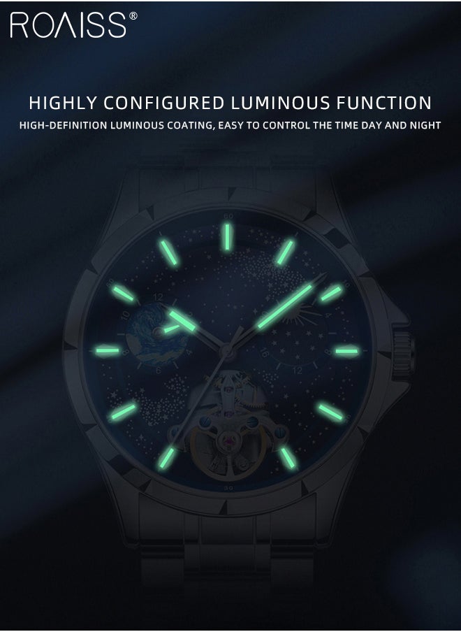 roaiss - Men's Fully Automatic Mechanical Watch, Analog Display Blue Starry Sky Round Dial with Moon Phase, Waterproof Luminous Wristwatch as Gift for Men - Image 1