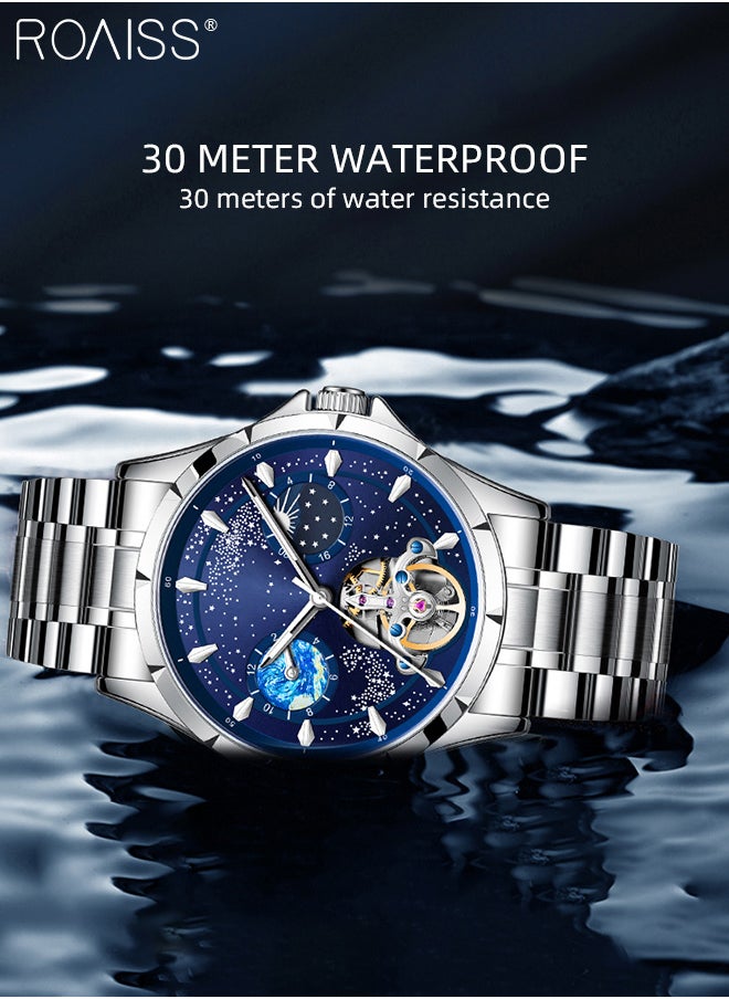 roaiss - Men's Fully Automatic Mechanical Watch, Analog Display Blue Starry Sky Round Dial with Moon Phase, Waterproof Luminous Wristwatch as Gift for Men - Image 1
