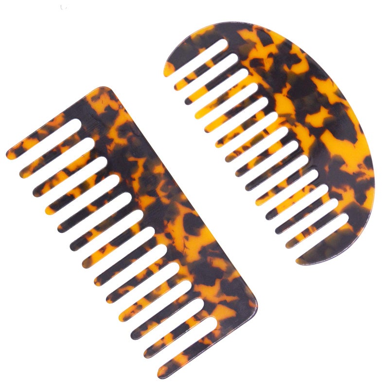 Large Wide Tooth Tortoise Shell Comb 2 Pack French Hair Detangling Comb Wide Tooth Pocket Combs for Thick Curly Wavy Wet and Dry Hair A
