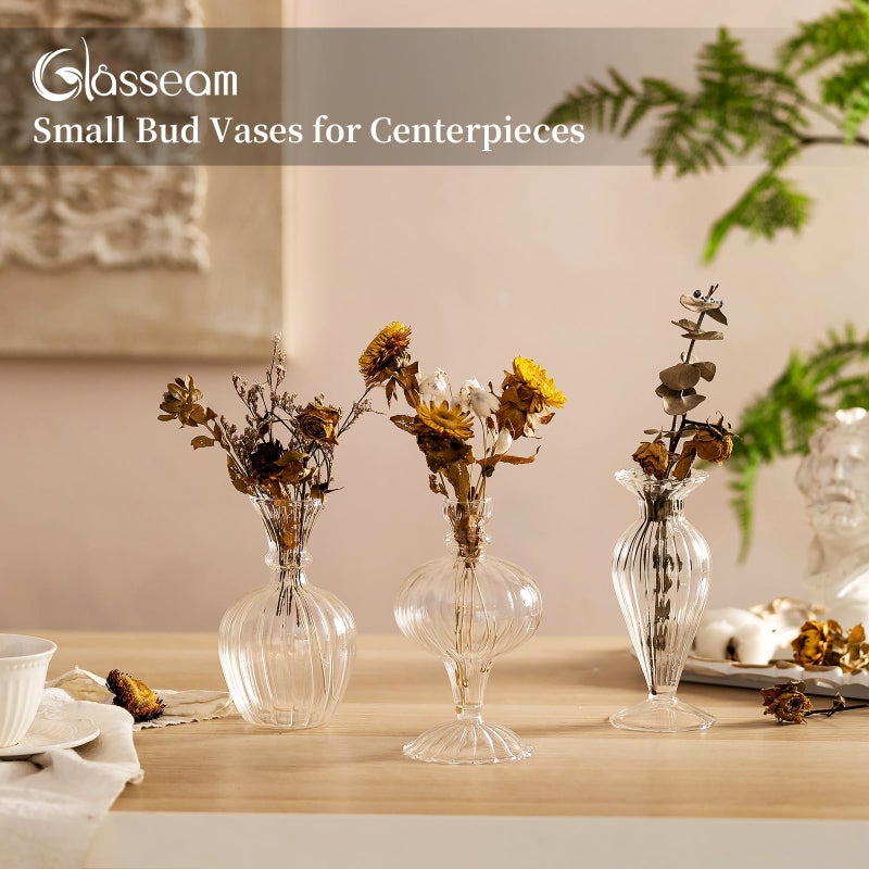 Glasseam Glass Small Bud Vases: Ribbed Clear Vase Set of 3 Modern Mini Vases for Centerpieces Flower Vase Decorative Vases for Flowers Handmade Cute Short Home Decor for Wedding Table Tiny Single Rose - Image 3