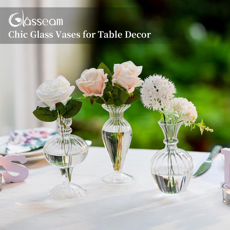 Glasseam Glass Small Bud Vases: Ribbed Clear Vase Set of 3 Modern Mini Vases for Centerpieces Flower Vase Decorative Vases for Flowers Handmade Cute Short Home Decor for Wedding Table Tiny Single Rose - Image 2