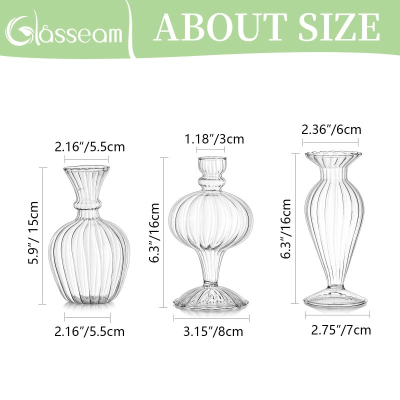Glasseam Glass Small Bud Vases: Ribbed Clear Vase Set of 3 Modern Mini Vases for Centerpieces Flower Vase Decorative Vases for Flowers Handmade Cute Short Home Decor for Wedding Table Tiny Single Rose - Image 5