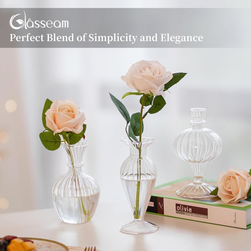 Glasseam Glass Small Bud Vases: Ribbed Clear Vase Set of 3 Modern Mini Vases for Centerpieces Flower Vase Decorative Vases for Flowers Handmade Cute Short Home Decor for Wedding Table Tiny Single Rose - Image 4