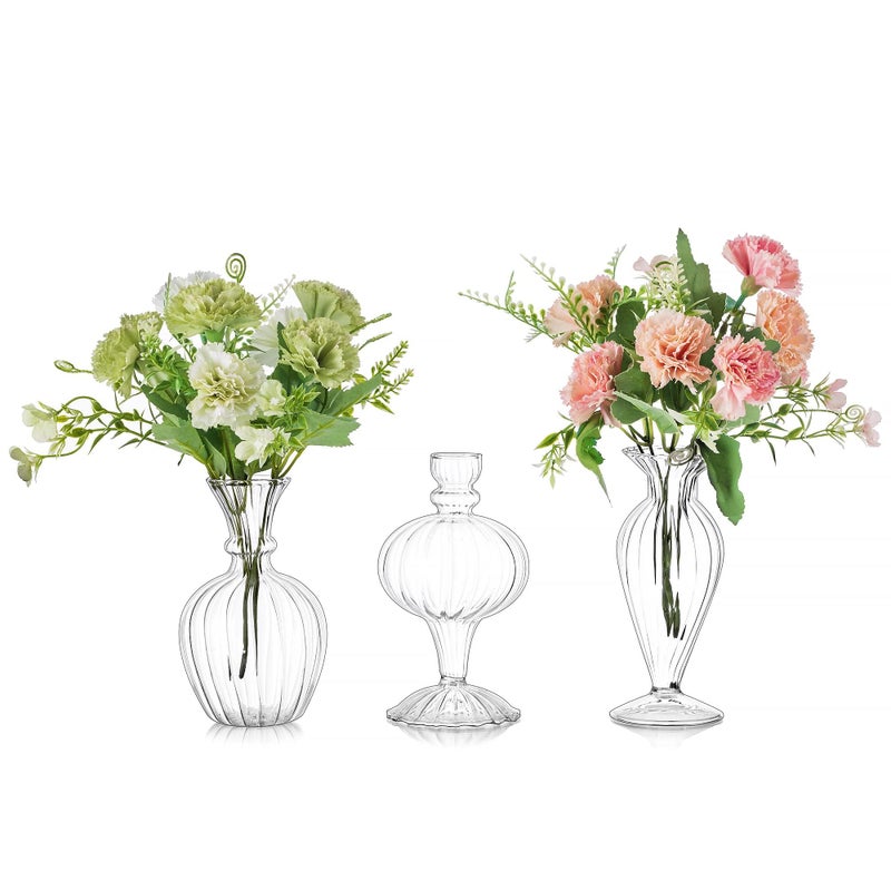 Glasseam Glass Small Bud Vases: Ribbed Clear Vase Set of 3 Modern Mini Vases for Centerpieces Flower Vase Decorative Vases for Flowers Handmade Cute Short Home Decor for Wedding Table Tiny Single Rose - Image 1
