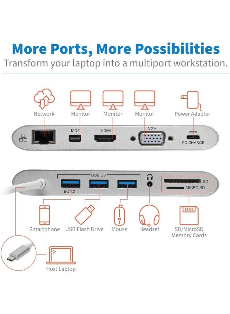 Tripp Lite USB 3.1 Gen 1 USB-C Docking Station w/USB-A, HDMI, VGA, mDP, Gigabit Ethernet, Mem Card, 3.5mm & USB-C PD Charging, USB C, USB Type C, USB Type-C (U442-DOCK1) - Image 5