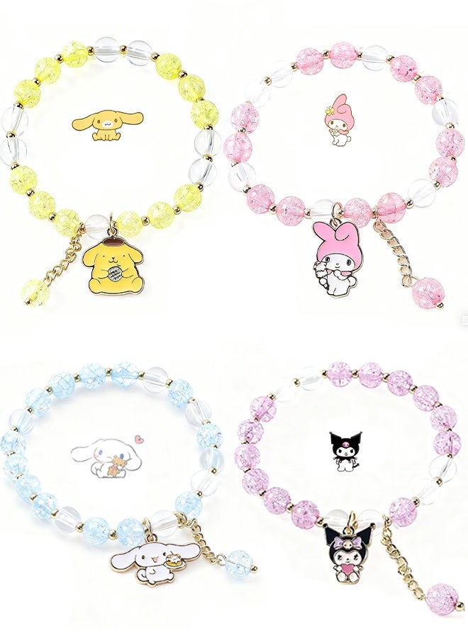 Sanrio 4 Pieces Crystal Bracelets Cartoon Pendant Kawaii Sanrio Pearl Cute Cartoon Elastic Beaded Bracelets Cartoon Themed Pendant Bracelets Gift for Teen Girls Kids - Image 1