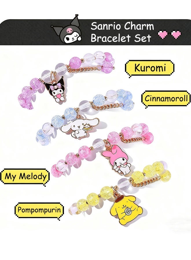 Sanrio 4 Pieces Crystal Bracelets Cartoon Pendant Kawaii Sanrio Pearl Cute Cartoon Elastic Beaded Bracelets Cartoon Themed Pendant Bracelets Gift for Teen Girls Kids - Image 2