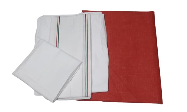 MAMRAJ Men's 5- Piece Pandit Cotton Kurta Pajama set Unstitched Kurta, Angocha, Vest,Hanky. (Red) - Image 1