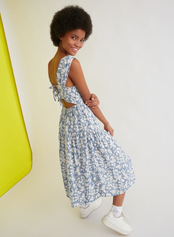 trendyol Blue Skater/Belt Opening Back Detail Floral Print Midi Woven Dress - Image 1