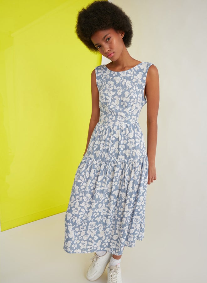 trendyol Blue Skater/Belt Opening Back Detail Floral Print Midi Woven Dress - Image 2