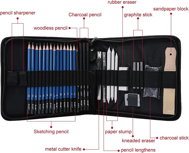 HB H & B 36 Pack Drawing Set Sketch Kit,Sketching Supplies with 2 sketch pad, Graphite Pencils, Charcoal Sticks, Eraser, Pro Art Drawing Kit for Artists Beginner Adults, Ideal for Shading, Blending - Image 4