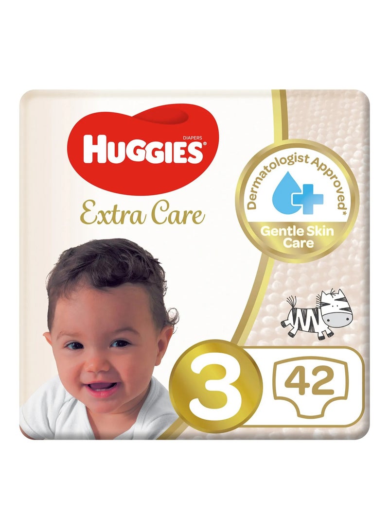 HUGGIES حفاضات هاجيز إكسترا كير بتصميم الشريط، 42 قطعة، الحجم 3، 4-9 كجم - حماية لمدة 12 ساعة، معتمدة من أطباء الجلد، قابلة للتنفس