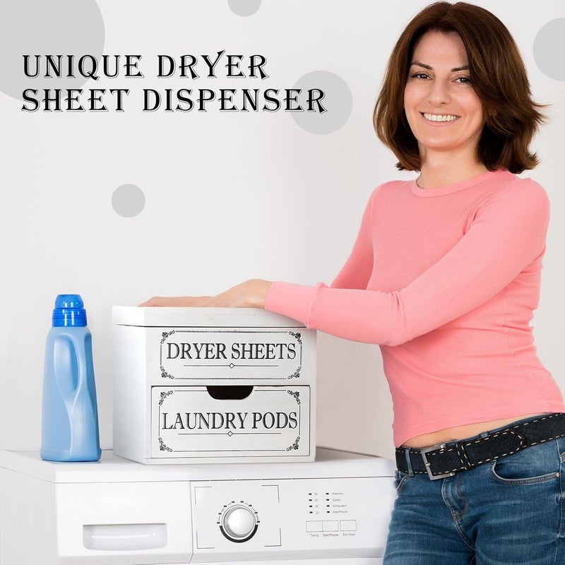 Tatuo Dryer Sheet Holder with Hinged Lid Farmhouse Dryer Sheet Dispenser Rustic Container Box Laundry Room Decor for Laundry Room Organization Fabric Pods, White - Image 5