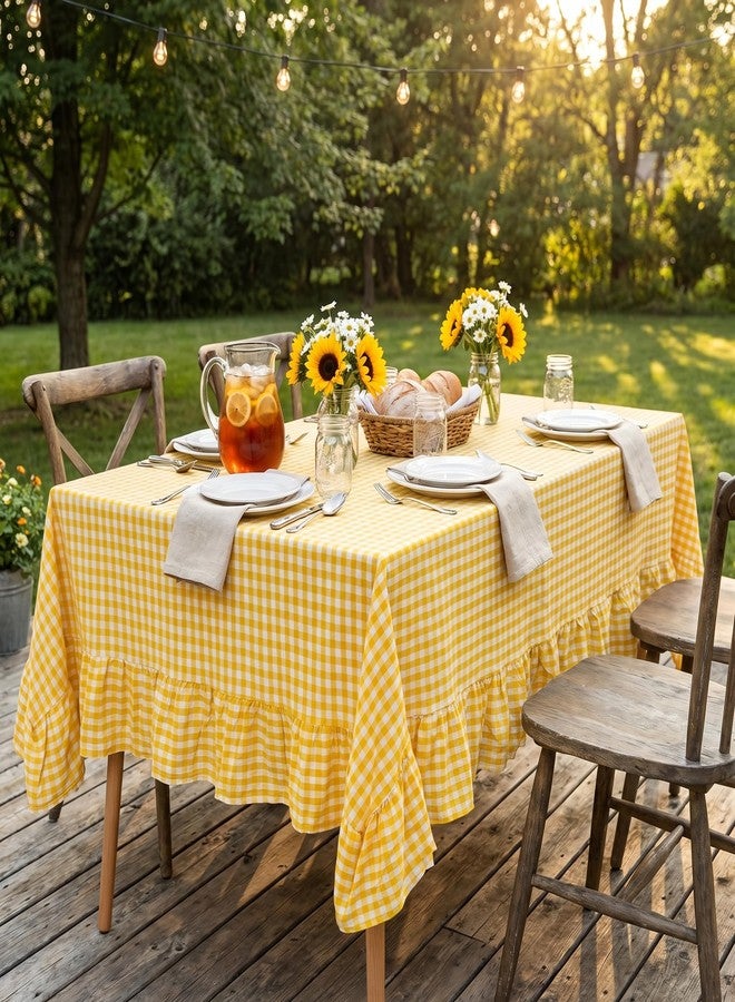 PartyDelight Gingham Ruffled Tablecloth Butter Yellow Washed Cotton Checkered Rectangular Table Cover for Farmhouse Kitchen Cute Cottagecore Birthday Party Decor(52x70 Fits 4-6 Seats) - Image 4