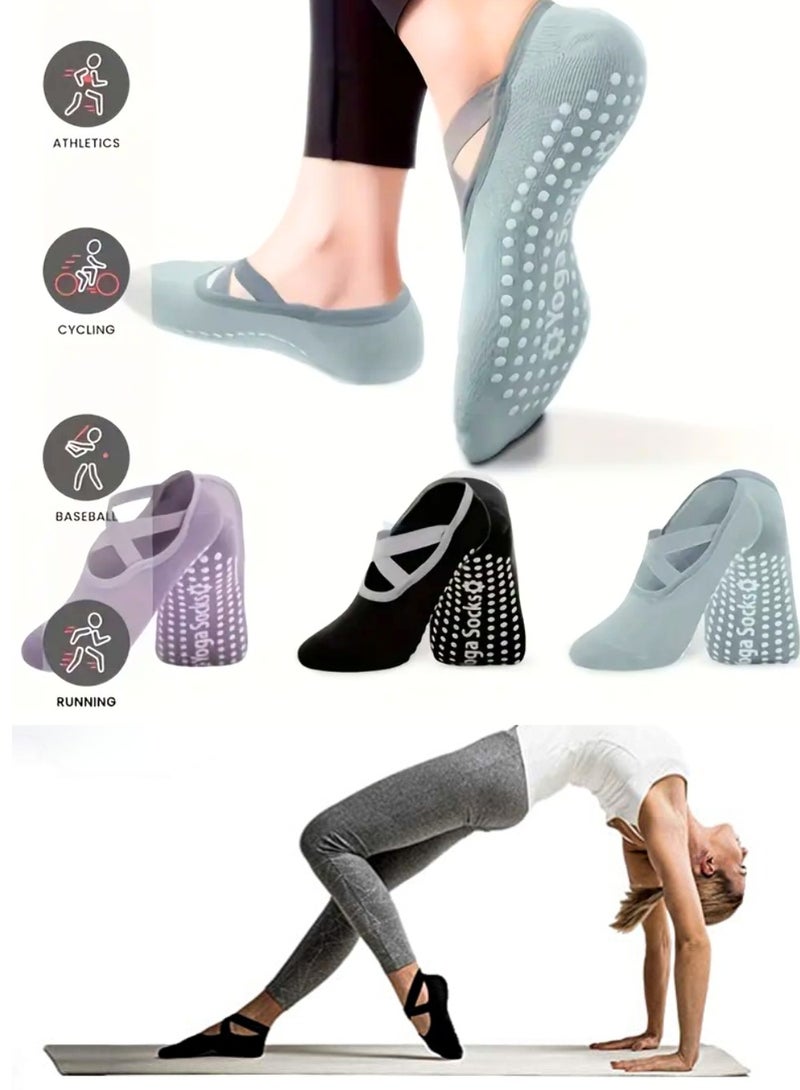 ZedForce 3 Pairs Non-Slip Yoga Socks with Cross Straps – Grip Socks for Women & Men, Pilates, Barre, Dance, Gym & Indoor Workouts – Anti-Skid Silicone Sole, Breathable Cotton - Image 1