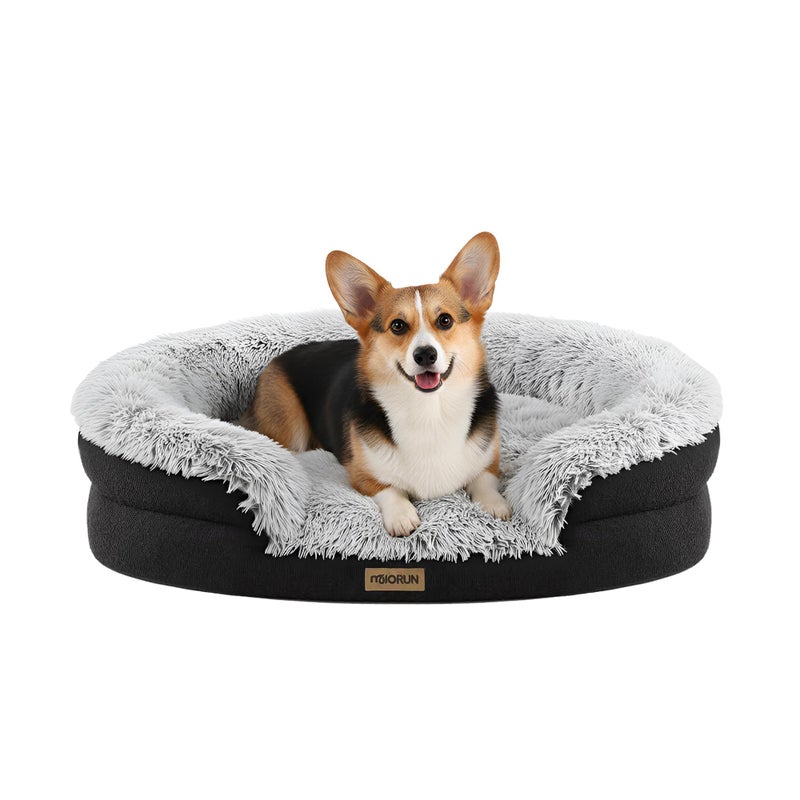 Miorun Fluffy Orthopedic Dog Bed for Small & Medium Dogs and Cats, Calming Plush Sofa Bed with Curved Bolster Support and Egg-Crate Foam Base, 35" Cozy Oval Pet Donut Bed with Washable Cover, Gray - Image 1
