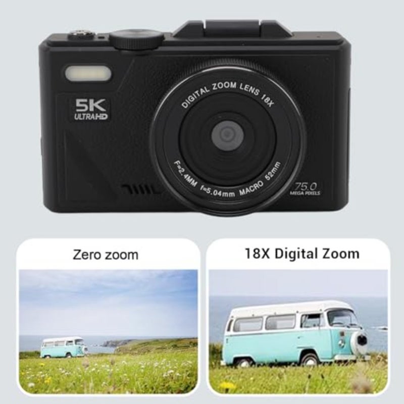 Travel photography digital camera, 5K resolution, 75MP HD, 18X zoom autofocus, mirrorless retro design, 3-inch screen, smile detection, black aluminum alloy body - Image 3