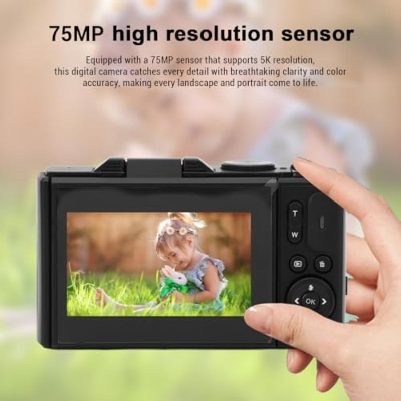 Travel photography digital camera, 5K resolution, 75MP HD, 18X zoom autofocus, mirrorless retro design, 3-inch screen, smile detection, black aluminum alloy body - Image 2