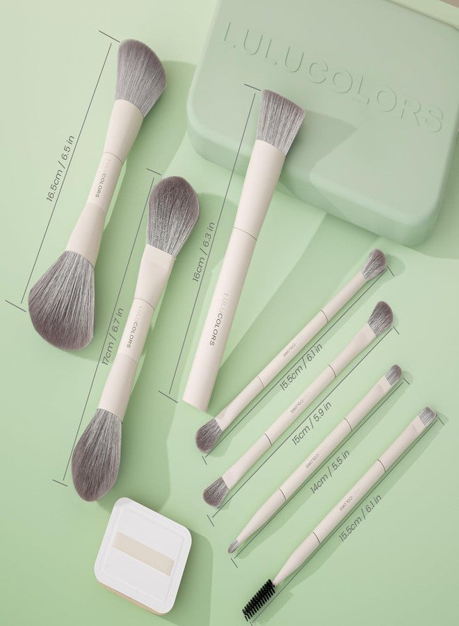 مجموعة فرش مكياج مزدوجة الأطراف من LULUCOLORS مع إسفنجة وحقيبة سفر - 13 نوعًا من الفرش متعددة الوظائف للوجه والعينين - شعيرات ناعمة، مجموعة فرش سهلة السفر (أخضر نعناعي) - Image 3