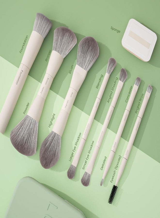 مجموعة فرش مكياج مزدوجة الأطراف من LULUCOLORS مع إسفنجة وحقيبة سفر - 13 نوعًا من الفرش متعددة الوظائف للوجه والعينين - شعيرات ناعمة، مجموعة فرش سهلة السفر (أخضر نعناعي) - Image 2