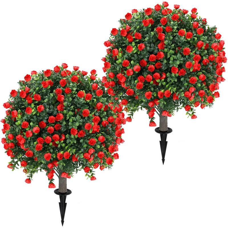 Jasmpig Artificial Red Rose Topiary Ball Tree 25" with Ground Spike, Set of 2 Artificial Boxwood Bushes for Faux Shrubs, Fake Evergreen Faux Plant for Indoor Outdoor Porch Garden -UV Resistantâ€“Fade-Proof - Image 1