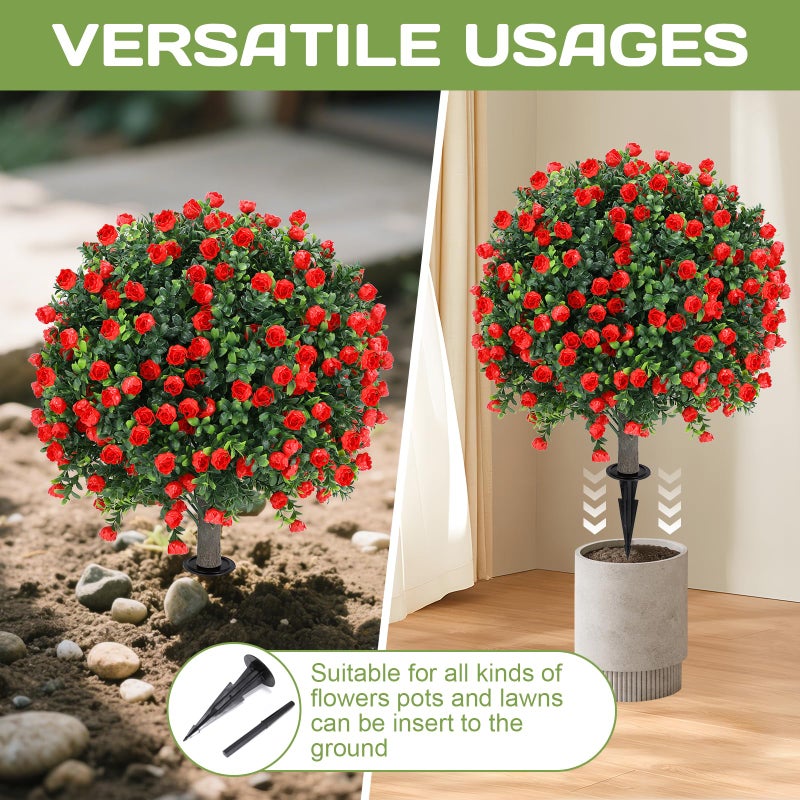 Jasmpig Artificial Red Rose Topiary Ball Tree 25" with Ground Spike, Set of 2 Artificial Boxwood Bushes for Faux Shrubs, Fake Evergreen Faux Plant for Indoor Outdoor Porch Garden -UV Resistantâ€“Fade-Proof - Image 4