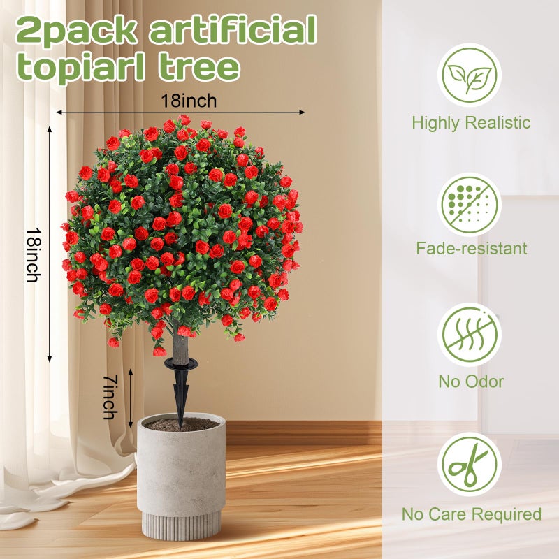 Jasmpig Artificial Red Rose Topiary Ball Tree 25" with Ground Spike, Set of 2 Artificial Boxwood Bushes for Faux Shrubs, Fake Evergreen Faux Plant for Indoor Outdoor Porch Garden -UV Resistantâ€“Fade-Proof - Image 2